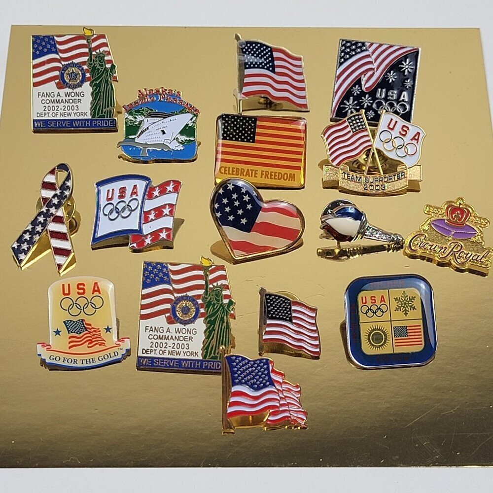 Vintage Lapel Pin Lot Of 16 Pins Pinback Vtg.Mod Patriotic USA OLYMPICS CRUISE
